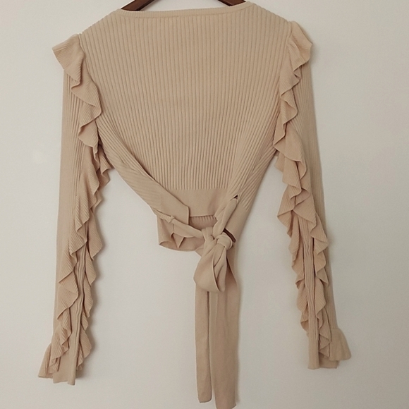 Revolve Tularosa Ruffled Sleeve Wrap Sweater Beige Size Medium - Picture 3 of 7